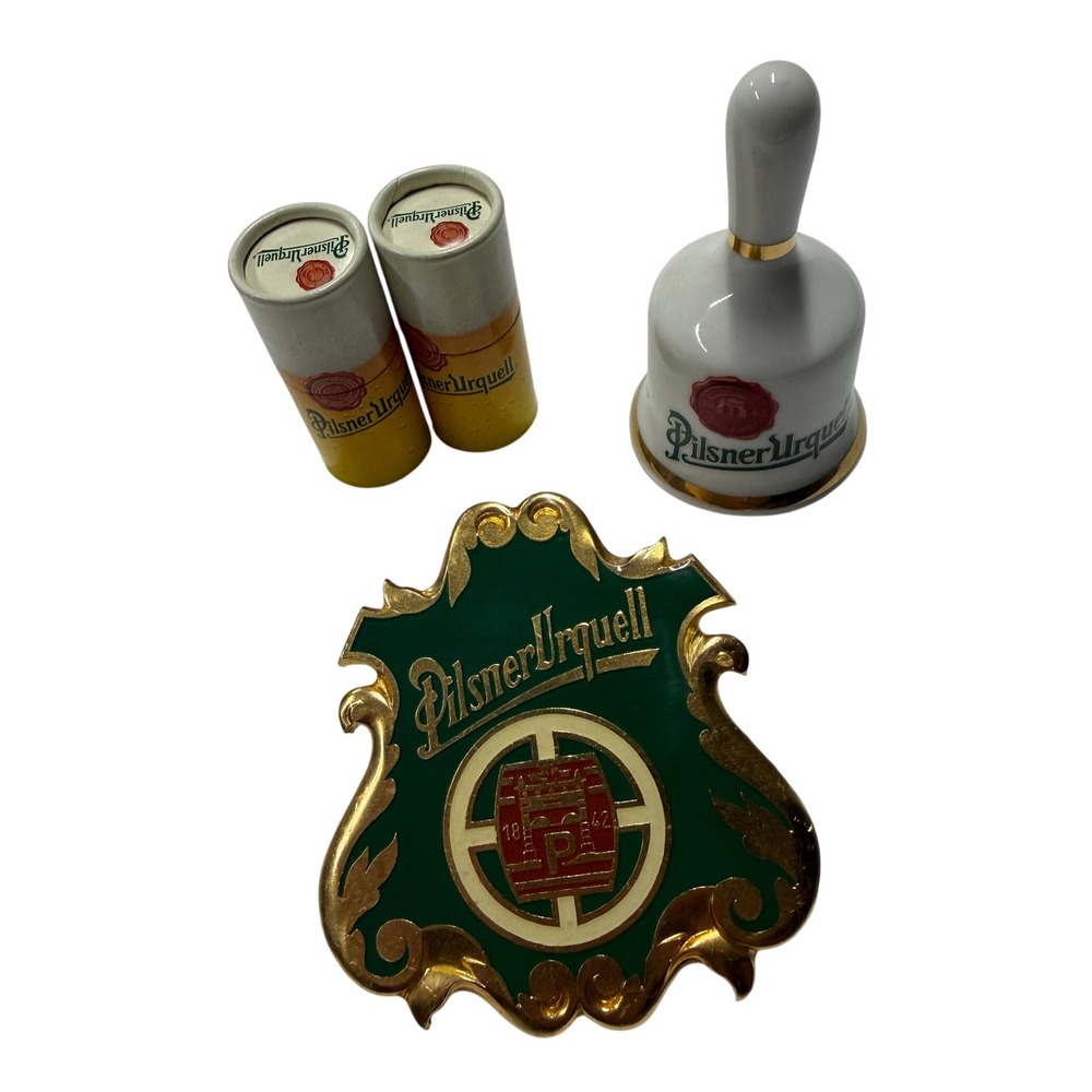 Pilsner Urquell Beer Tap Shield Brass Enamel Bell & Match Containers Set